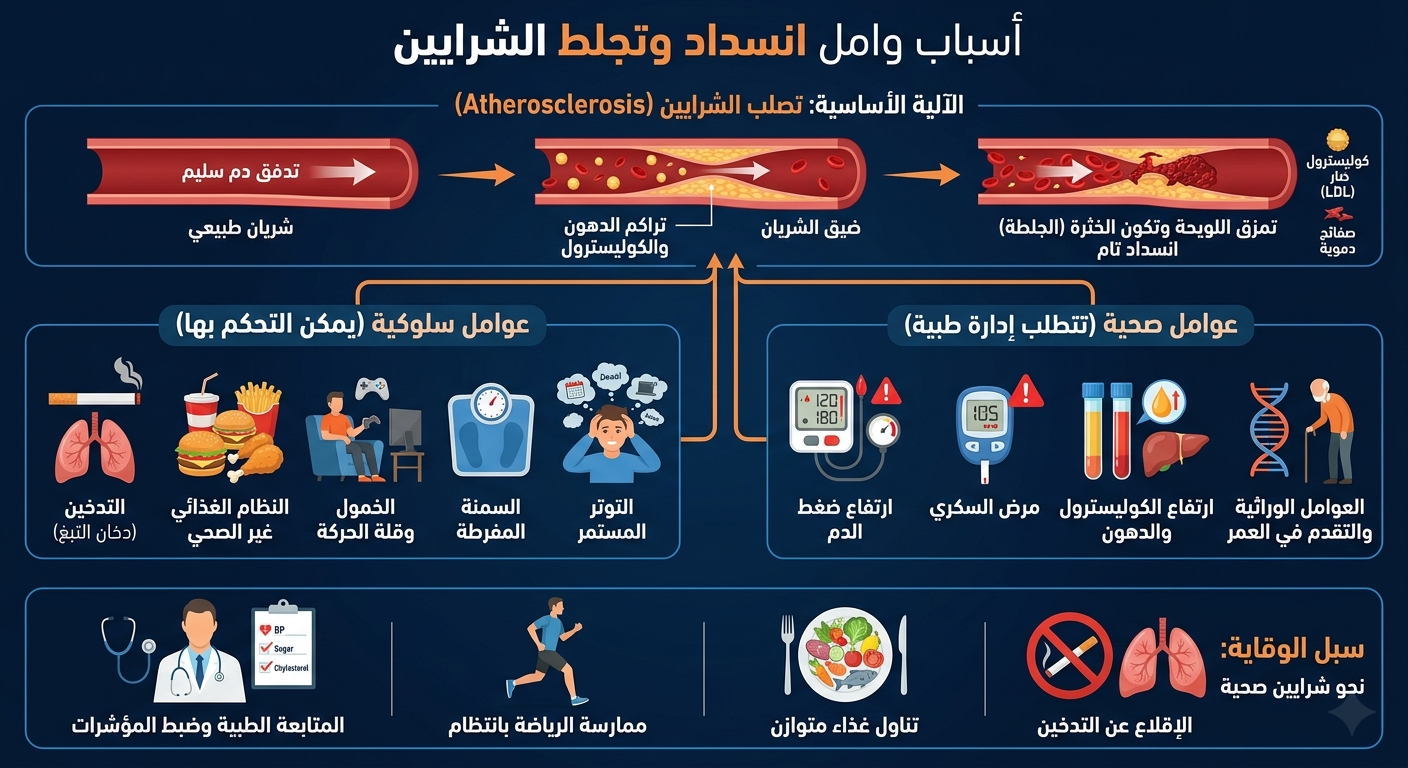 نسداد وتجلط الشرايين: الأسباب، الآلية، وطرق الوقاية